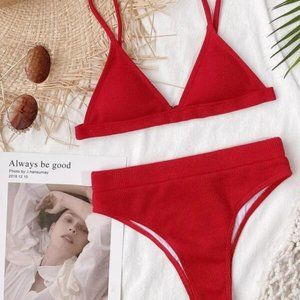 SHEIN Rib Triangle High Waisted Bikini - Red